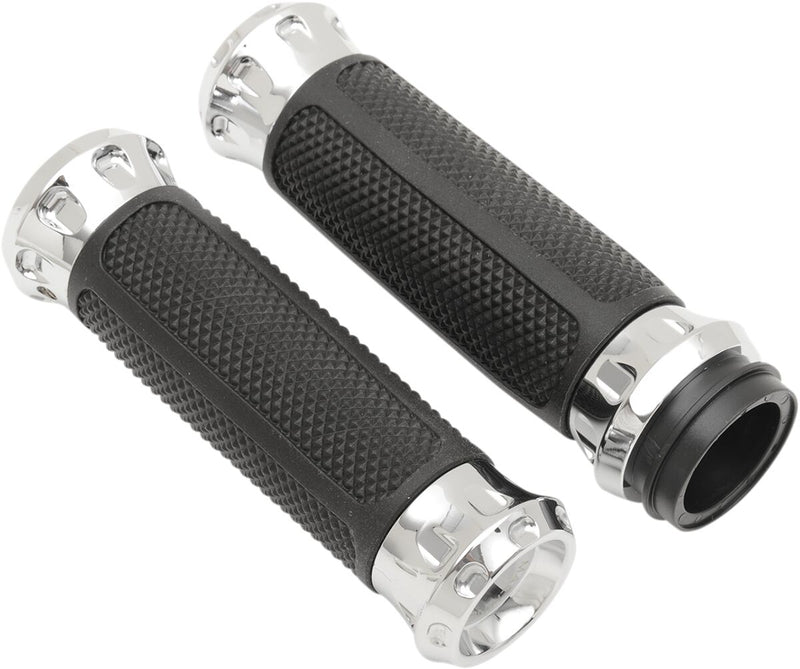 Performance Machine Overdrive Custom Grips - Aluminum /  Rubber, Pair, Closed End /  Diamond Knurled /  Flange /  No Waffle /  Th for Harley-Davidson Touring, Softail, Dyna & Trike
