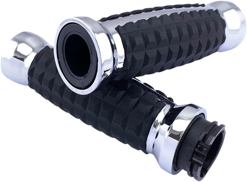 Drag Specialties Grenade Grips - Cable /  Closed End /  Flange /  No Waffle, Aluminum /  Rubber, Pair - Black / Chrome for Harley-Davidson Touring, Softail, Sportster & Dyna 1986-2