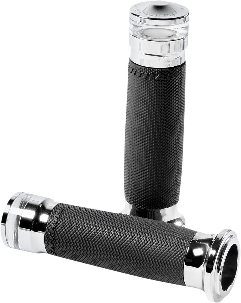Performance Machine Vision Series Contour LED Turn Signal Grips - Aluminum /  Rubber, Closed End /  Diamond Knurled /  Flange for Harley-Davidson Touring, Softail, Dyna & Trike 200