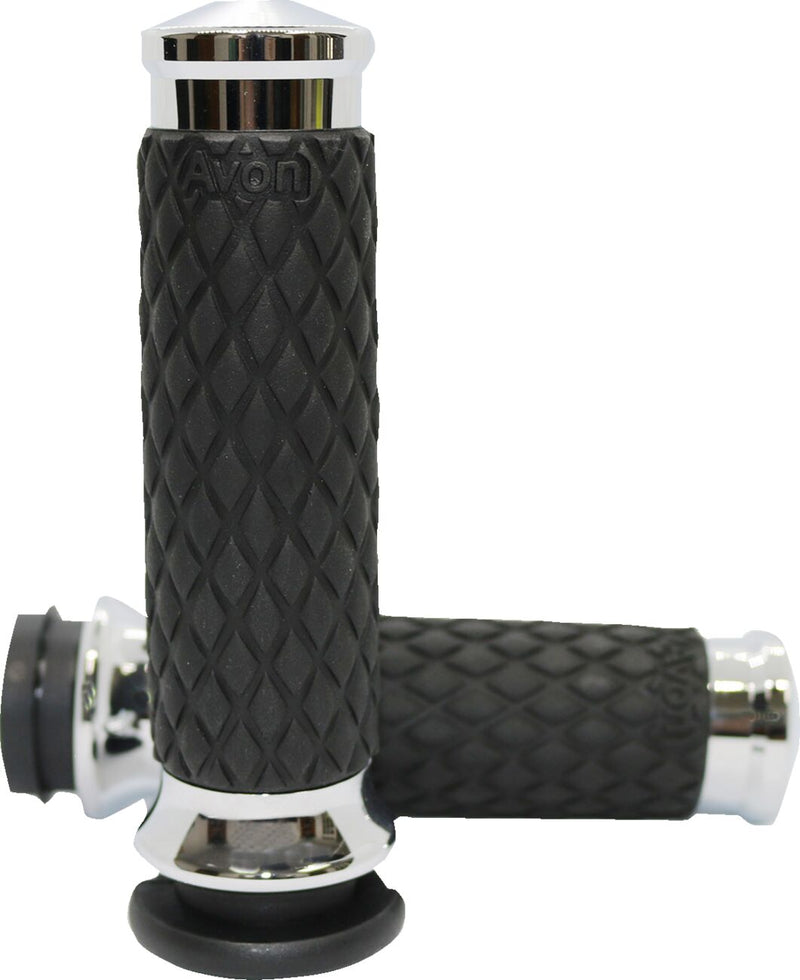 Avon Grips Diamond Contour Grips - Aluminum /  Rubber, Custom Contour, 11,7 cm (4-5/8") - Black / Chrome for Harley-Davidson Touring, Softail, Dyna & Trike 2007-2024