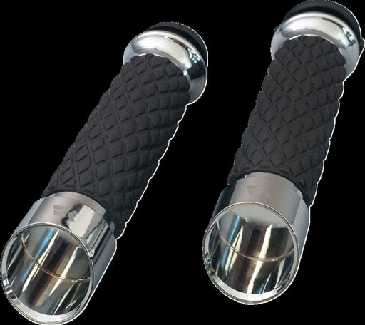 Khrome Werks Edge Grips for 2008-2025 Harley-Davidson Custom Contour Chrome Silver Closed End Diamond Knurled Aluminium Rubber Pair