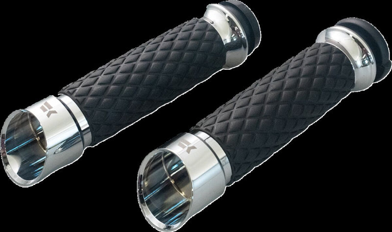 Khrome Werks Edge Grips for 2008-2025 Harley-Davidson Custom Contour Chrome Silver Closed End Diamond Knurled Aluminium Rubber Pair