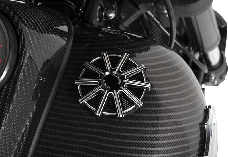Arlen Ness Black Anodised Vented 10 Gauge Gas Cap w/Carved Accents for Various Various Harley-Davidson Motorcycles (See Fitment List)