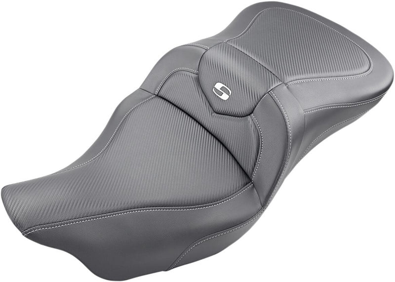 Saddlemen Black Extended Reach Road Carbon-Fibre Sofa Seat for 2008-2025 Harley-Davidson Touring Models Black| Silver