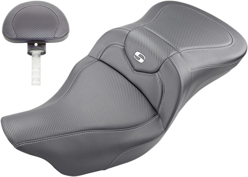 Saddlemen Black Extended Reach Road Carbon-Fibre Sofa Seat w/Backrest for 2008-2025 Harley-Davidson Touring Models Black| Silver #808-07B-186BR