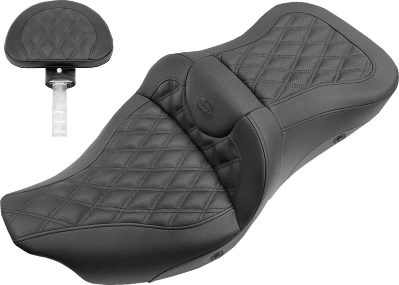 Saddlemen Lattice Stitch Heated Road Sofa Seat w/Driver Backrest for 2009-2024 Harley-Davidson Tri Glide Ultra Classic - FLHTCUTG and 2020-2022 Harley-Davidson Tri-Glide CVO/SE - FLHTCUTGSE Motorcycles