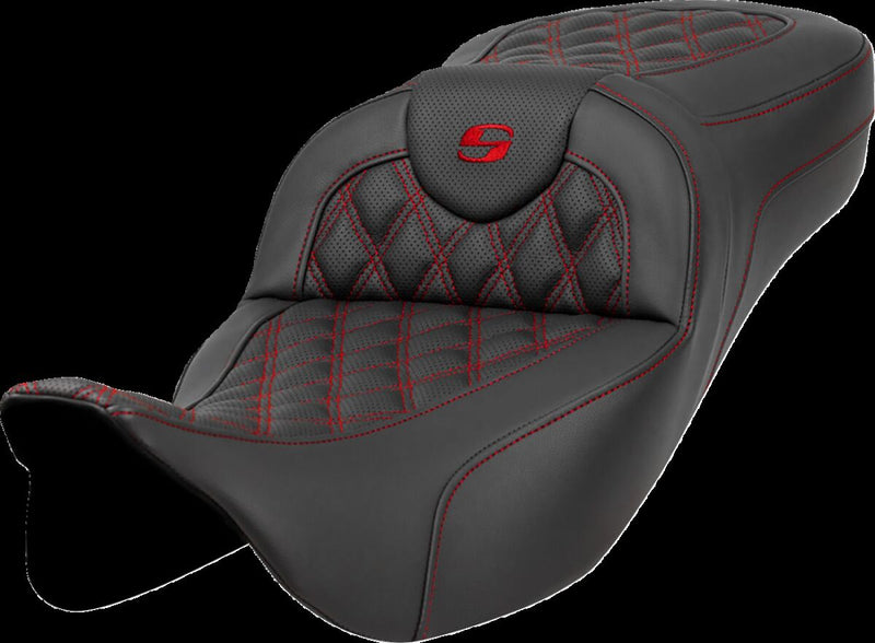 Saddlemen Extended Reach Roadsofa™ Seat - 2-Up Seat, Leather /  Saddlehyde™ - Black / Red for Harley-Davidson Touring & Trike 2008-2024