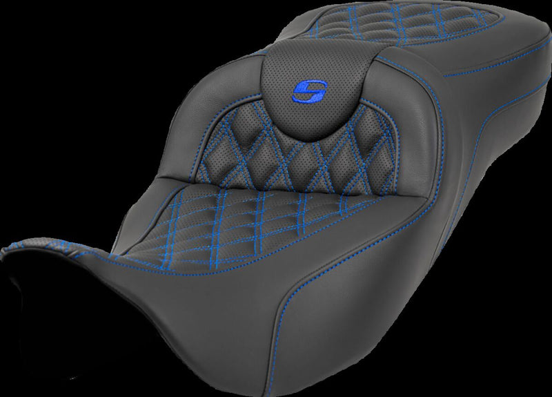 Saddlemen Extended Reach Roadsofa™ Seat - Leather /  Saddlehyde™, 2-Up Seat - Black / Blue for Harley-Davidson Touring & Trike 2008-2024