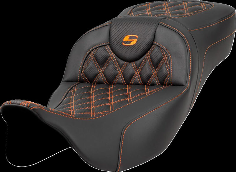 Saddlemen Extended Reach Roadsofa™ Seat - Leather /  Saddlehyde™, 2-Up Seat - Black / Orange for Harley-Davidson Touring & Trike 2008-2024