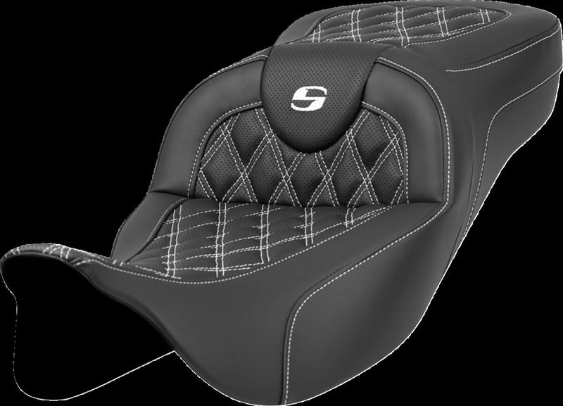 Saddlemen Extended Reach Roadsofa™ Seat - Leather /  Saddlehyde™, 2-Up Seat - Black / White for Harley-Davidson Touring & Trike 2008-2024