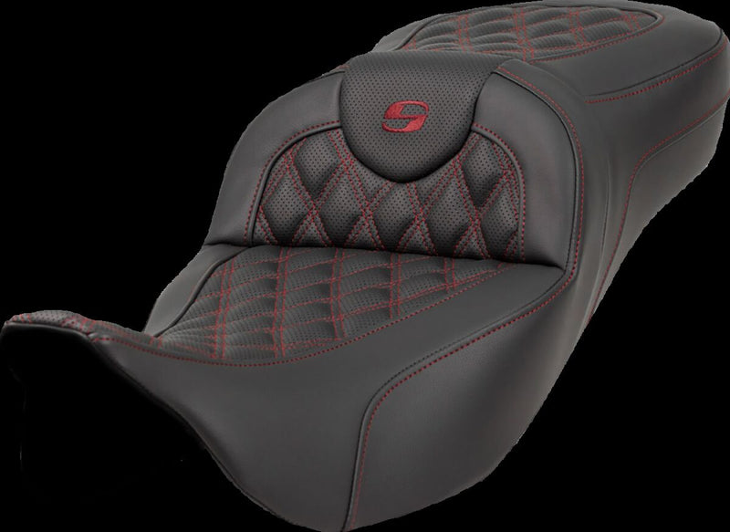 Saddlemen Extended Reach Roadsofa™ Seat - 2-Up Seat, Leather /  Saddlehyde™ - Black / Burgundy for Harley-Davidson Touring & Trike 2008-2024
