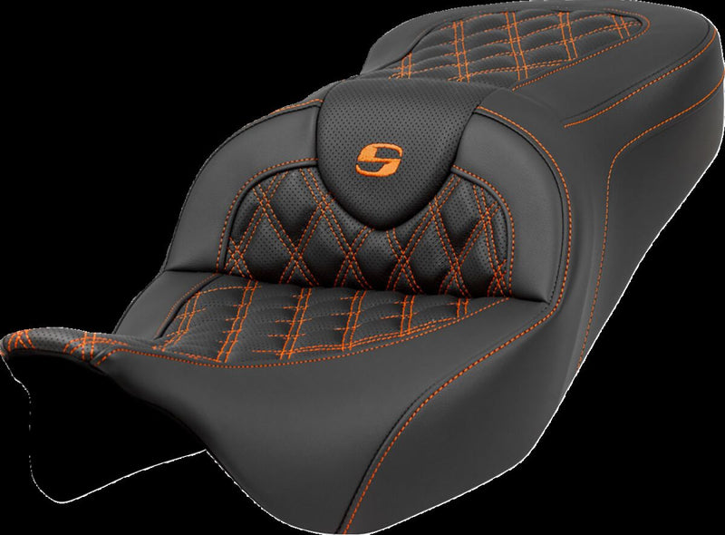 Saddlemen Roadsofa™ Lattice Stitch Seat - 2-Up Seat, Leather /  Saddlehyde™, Each - Black / Orange for Harley-Davidson Touring 2008-2024