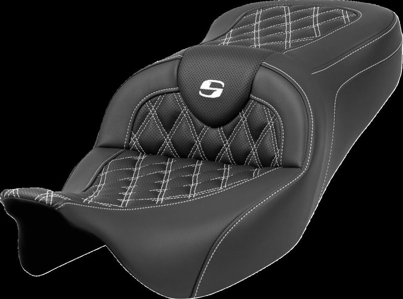 Saddlemen Roadsofa™ Lattice Stitch Seat - Each, Leather /  Saddlehyde™, 2-Up Seat - Black / White for Harley-Davidson Touring 2008-2024