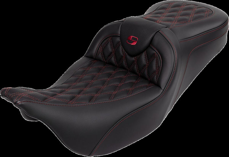 Saddlemen Roadsofa™ Lattice Stitch Seat - 2-Up Seat, Leather /  Saddlehyde™, Each - Black / Burgundy for Harley-Davidson Touring & Trike 2008-2024