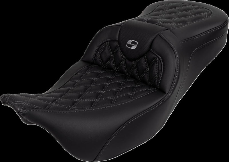 Saddlemen Roadsofa™ Lattice Stitch Seat - Leather /  Saddlehyde™, Each, 2-Up Seat - Black / Gray for Harley-Davidson Touring & Trike 2008-2024