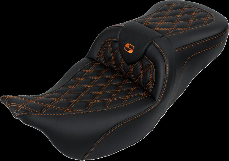 Saddlemen Roadsofa™ Lattice Stitch Seat - 2-Up Seat, Each, Leather /  Saddlehyde™ - Black / Orange for Harley-Davidson Touring & Trike 2008-2024