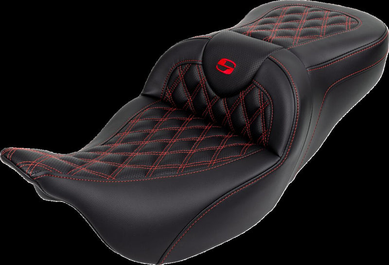 Saddlemen Roadsofa™ Lattice Stitch Seat - 2-Up Seat, Leather /  Saddlehyde™, Each - Black / Red for Harley-Davidson Touring & Trike 2008-2024