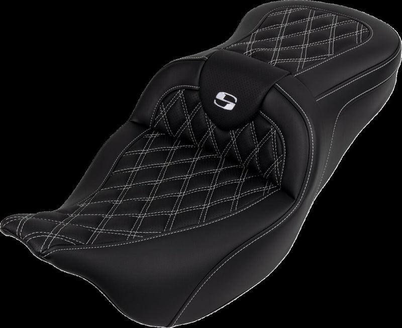 Saddlemen Roadsofa™ Lattice Stitch Seat - Each, Leather /  Saddlehyde™, 2-Up Seat - Black / White for Harley-Davidson Touring & Trike 2008-2024