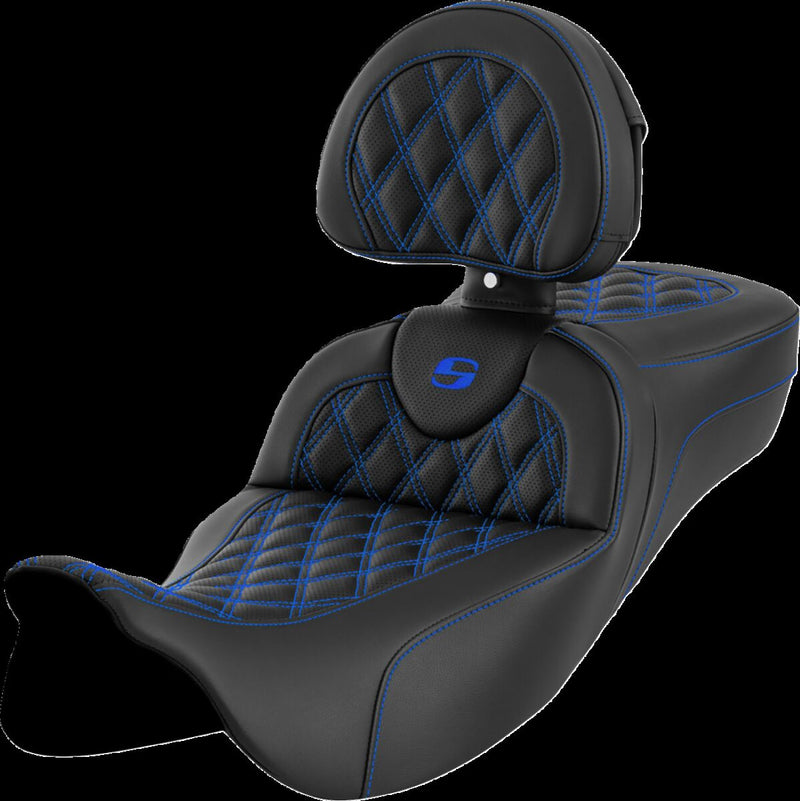 Saddlemen Roadsofa™ Extended Reach Seat - Leather /  Saddlehyde™, 2-Up Seat - Black / Blue for Harley-Davidson Touring & Trike 2008-2024
