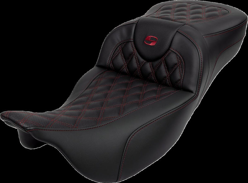 Saddlemen Roadsofa™ Extended Reach Seat - 2-Up Seat, Leather /  Saddlehyde™ - Black / Burgundy for Harley-Davidson Touring & Trike 2008-2024
