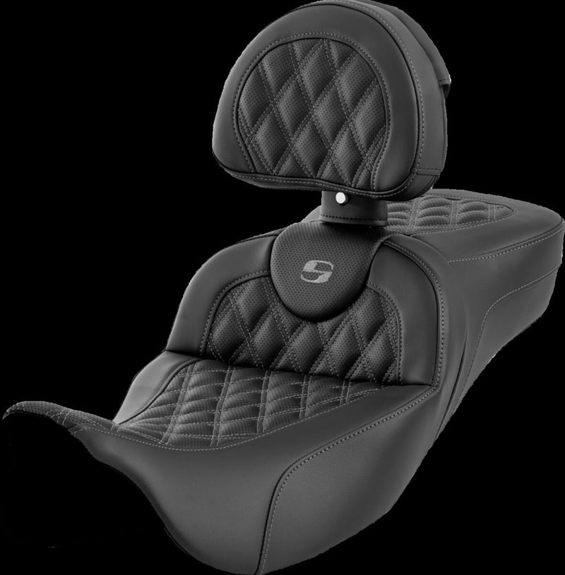 Saddlemen Roadsofa™ Extended Reach Seat - 2-Up Seat, Leather /  Saddlehyde™ - Black / Gray for Harley-Davidson Touring & Trike 2008-2024