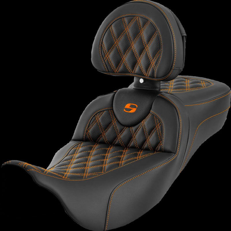 Saddlemen Roadsofa™ Extended Reach Seat - 2-Up Seat, Leather /  Saddlehyde™ - Black / Orange for Harley-Davidson Touring & Trike 2008-2024