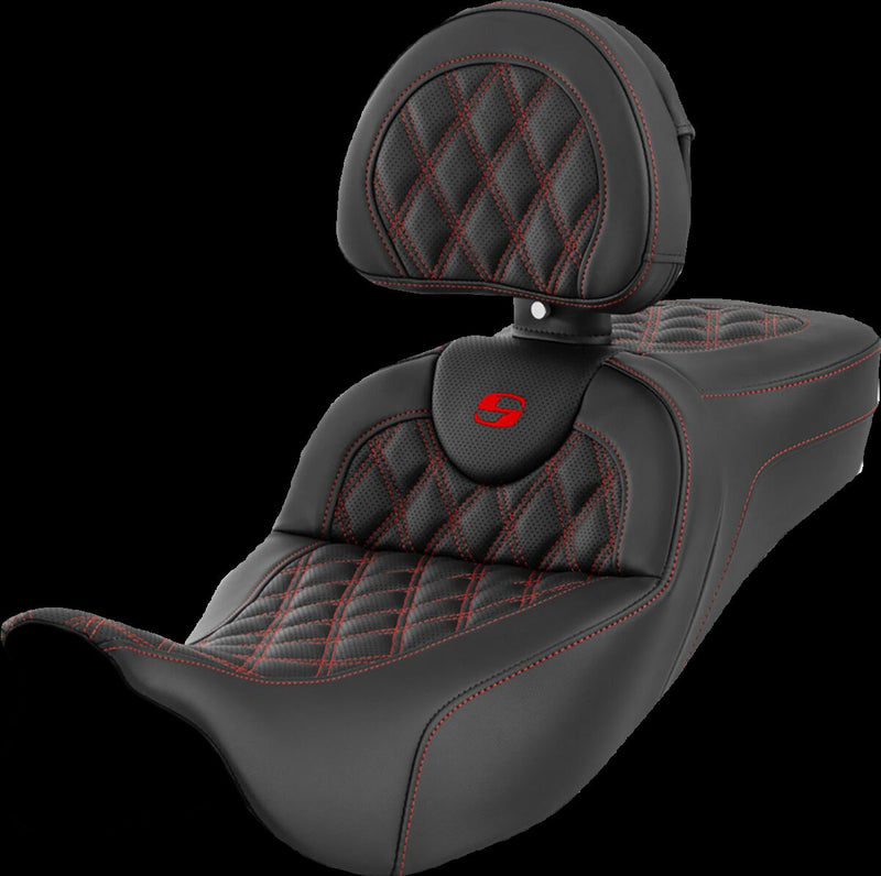 Saddlemen Roadsofa™ Extended Reach Seat - Leather /  Saddlehyde™, 2-Up Seat - Black / Red for Harley-Davidson Touring & Trike 2008-2024