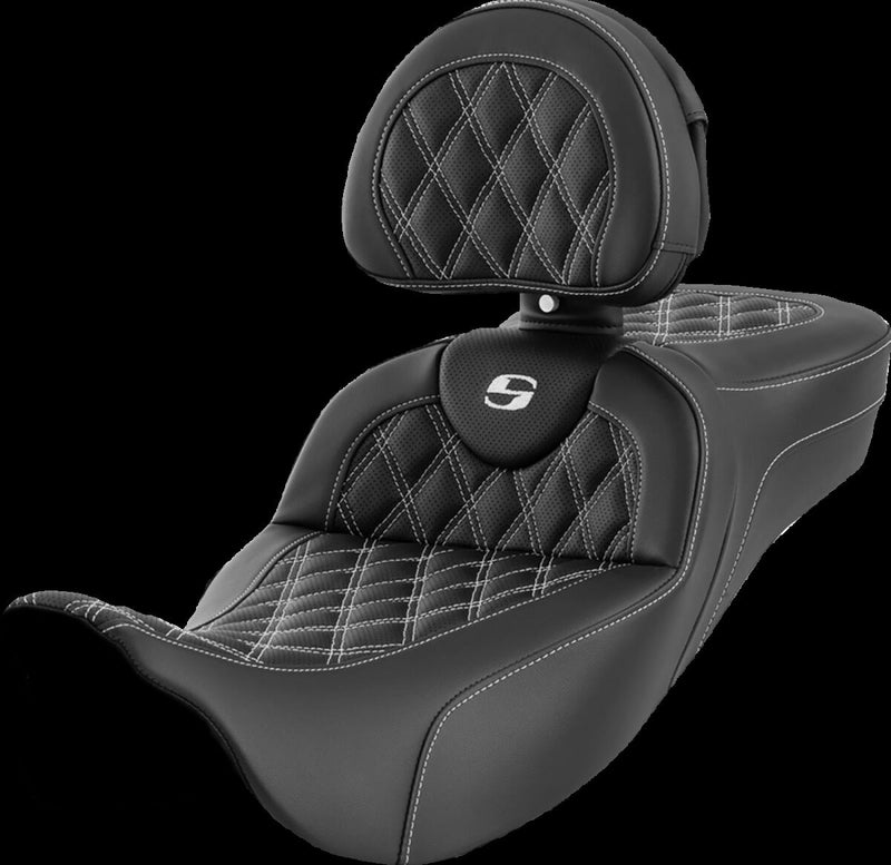 Saddlemen Roadsofa™ Extended Reach Seat - 2-Up Seat, Leather /  Saddlehyde™ - Black / White for Harley-Davidson Touring & Trike 2008-2024