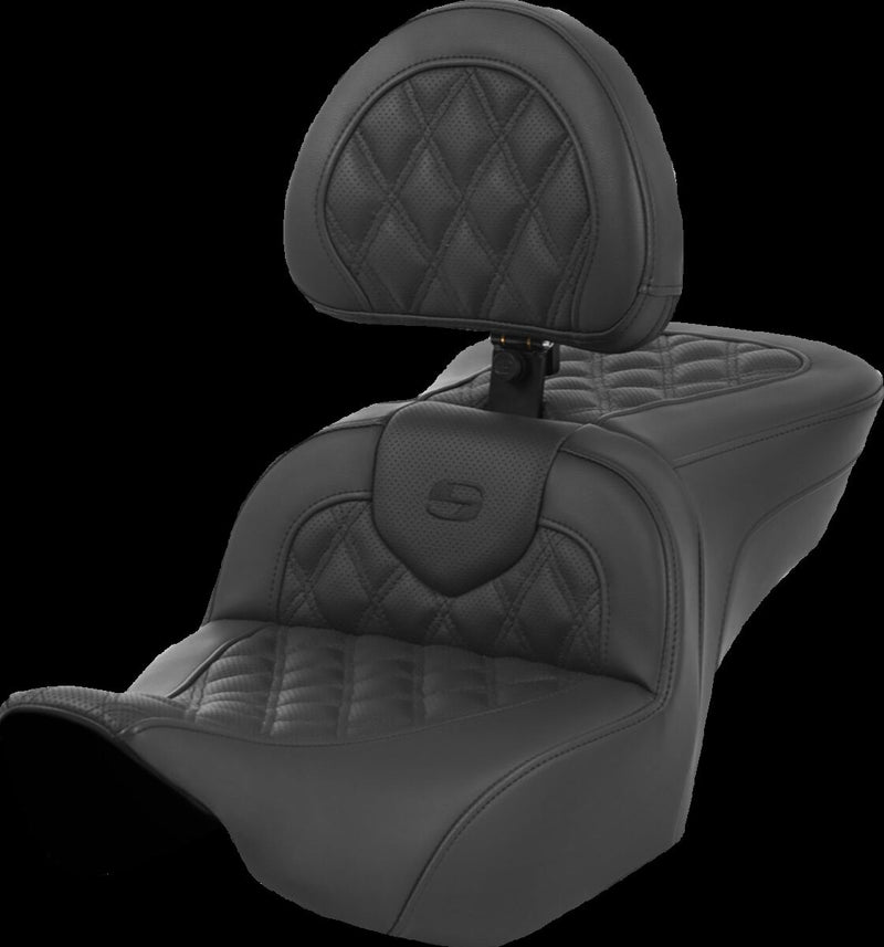 Saddlemen Roadsofa™ Lattice Stitch Seat - Leather /  Saddlehyde™, Each, 2-Up Seat - Black for Harley-Davidson Touring 2023-2026