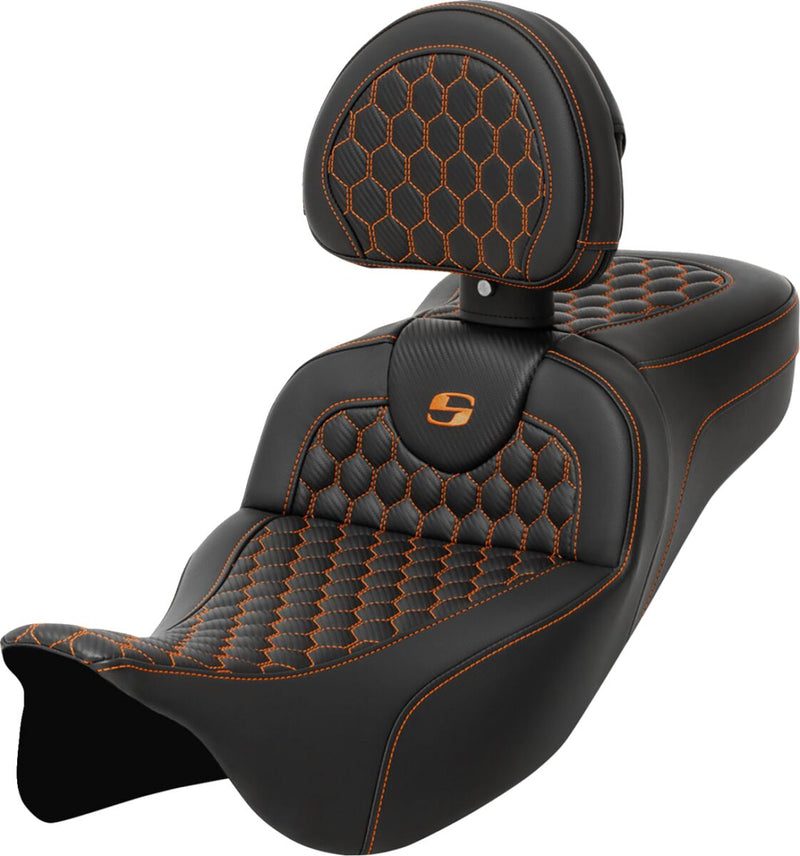 Saddlemen Honeycomb Roadsofa™ Seat - 2-Up Seat, Saddlehyde™, Each - Black / Orange for Harley-Davidson Touring 2008-2025