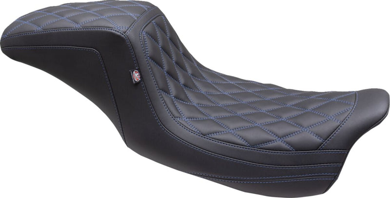 Mustang Double Diamond Squareback Seat for 2008-2025 Harley-Davidson Black Blue 2-Up Seat One-Piece Vinyl #75299SB