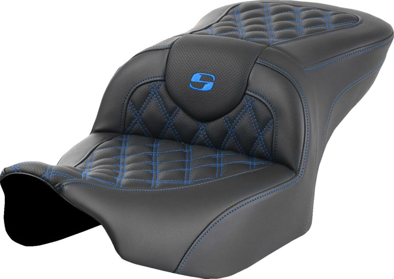 Saddlemen Roadsofa™ Lattice Stitch Seat - 2-Up Seat, Leather /  Saddlehyde™, Each - Black / Blue for Harley-Davidson Touring 2023-2026