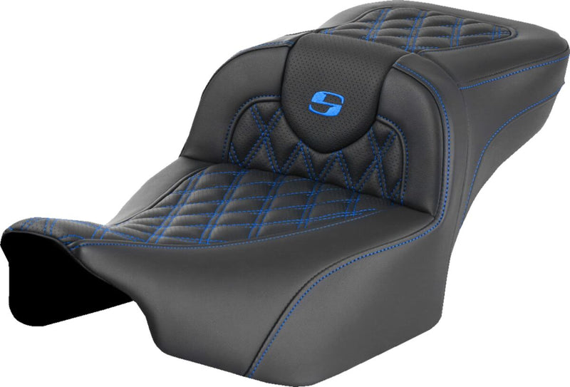Saddlemen Roadsofa™ Extended Reach Seat - Leather /  Saddlehyde™, One-Piece - Black / Blue for Harley-Davidson Touring 2023-2026