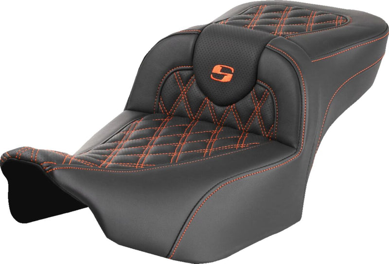 Saddlemen Roadsofa™ Extended Reach Seat - One-Piece, Leather /  Saddlehyde™ - Black / Orange for Harley-Davidson Touring 2023-2026