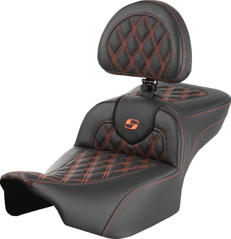 Saddlemen Roadsofa™ Extended Reach Seat - Leather /  Saddlehyde™, One-Piece - Black / Orange for Harley-Davidson Touring 2023-2026
