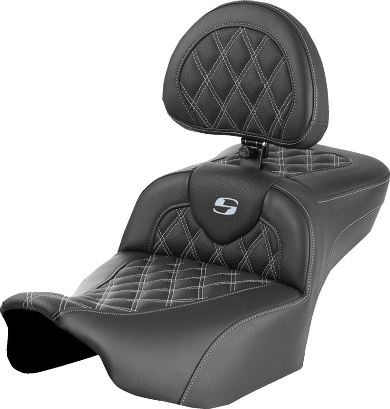 Saddlemen Roadsofa™ Extended Reach Seat - Leather /  Saddlehyde™, One-Piece - Black / Silver for Harley-Davidson Touring 2023-2026