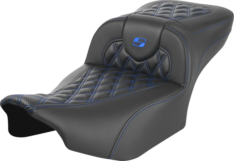 Saddlemen Roadsofa™ Extended Reach Seat - One-Piece, Leather /  Saddlehyde™ - Black / Blue for Harley-Davidson Touring 2023-2026