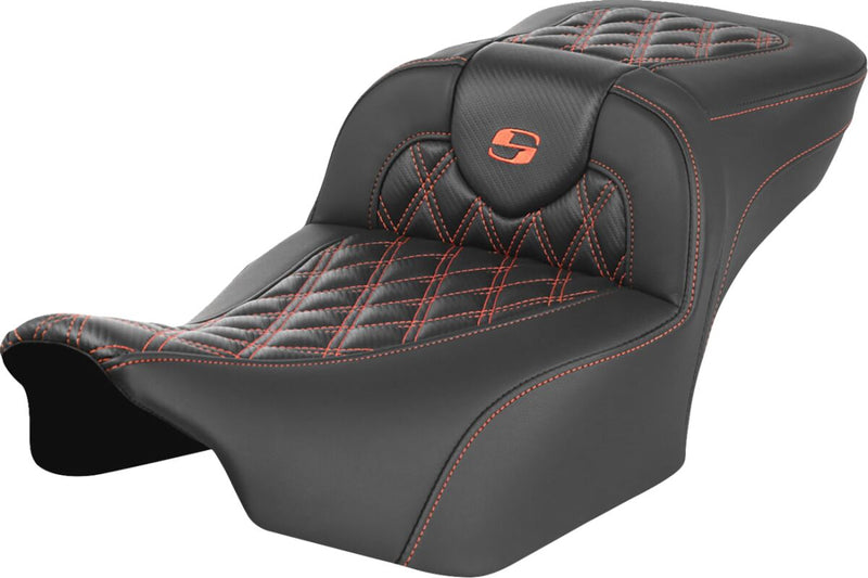 Saddlemen Roadsofa™ Extended Reach Seat - One-Piece, Leather /  Saddlehyde™ - Black / Orange for Harley-Davidson Touring 2023-2026