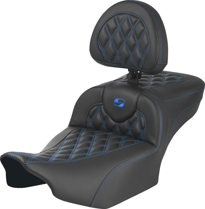 Saddlemen Roadsofa™ Extended Reach Seat - Leather /  Saddlehyde™, One-Piece - Black / Blue for Harley-Davidson Touring 2023-2026