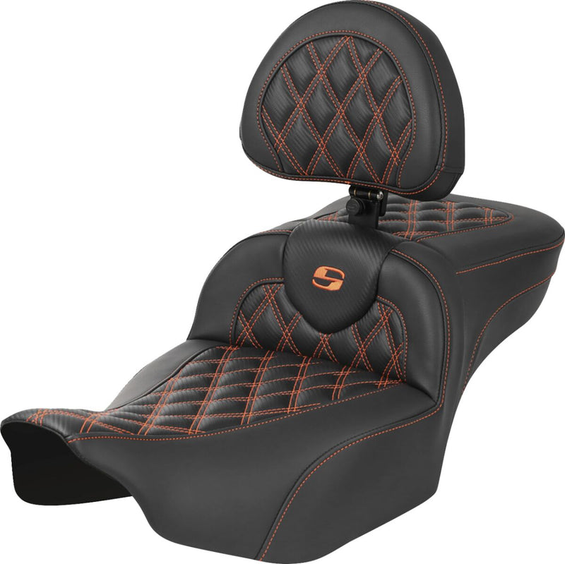Saddlemen Roadsofa™ Extended Reach Seat - Leather /  Saddlehyde™, One-Piece - Black / Orange for Harley-Davidson Touring 2023-2026
