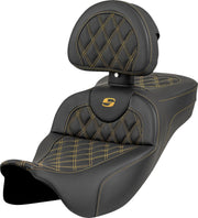 Saddlemen Roadsofa™ Extended Reach Seat for 2008-2025 Harley-Davidson Black Gold One-Piece Leather Saddlehyde™ #808-07B-184B7