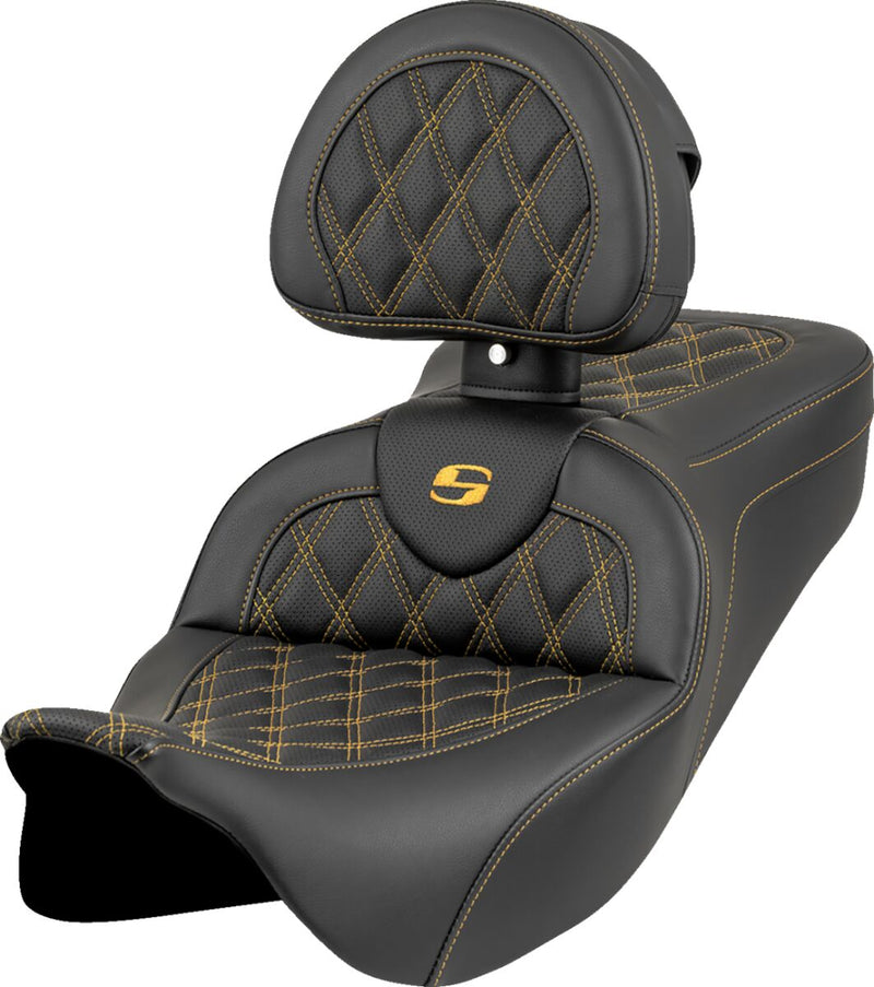 Saddlemen Roadsofa™ Seat for 2008-2025 Harley-Davidson Black Gold One-Piece Leather Saddlehyde™ #808-07B-182B7