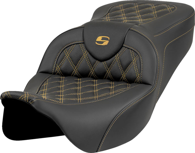 Saddlemen Roadsofa™ Seat - Leather /  Saddlehyde™, One-Piece, Each - Black / Gold for Harley-Davidson Touring 2008-2025