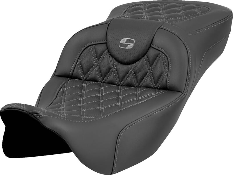 Saddlemen Roadsofa™ Extended Reach Seat - One-Piece, Leather /  Saddlehyde™ - Black / Gray for Harley-Davidson Touring 2008-2025