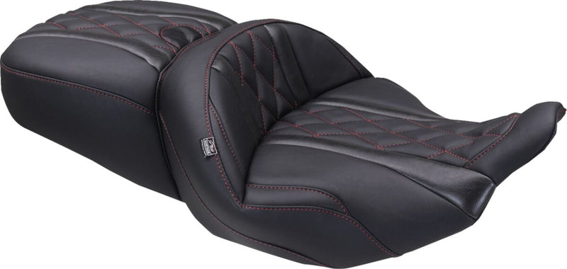 Mustang Deluxe Touring Seat for 2023-2026 Harley-Davidson Black Red 2-Up Seat One-Piece Vinyl