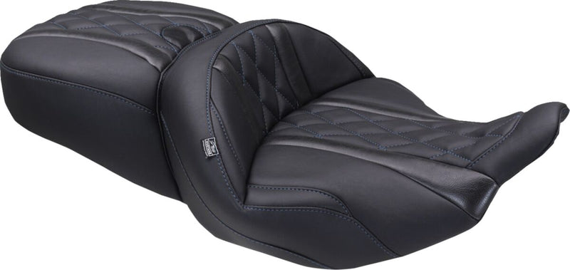 Mustang Deluxe Touring Seat for 2023-2026 Harley-Davidson Black Blue 2-Up Seat One-Piece Vinyl #89411SB