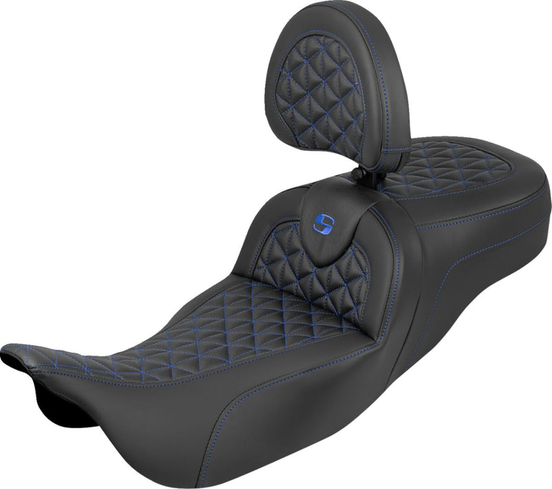 Saddlemen Extended Reach RoadSofa™ Tri Gripper Seat for 2008-2025 Harley-Davidson Black Blue 2-Up Seat Saddlehyde™ #808-07B-211B1