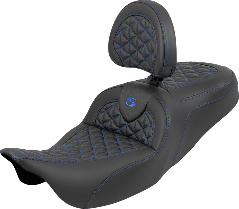 Saddlemen RoadSofa™ Tri Gripper Seat for 2008-2025 Harley-Davidson Black Blue 2-Up Seat Saddlehyde™ #808-07B-210B1