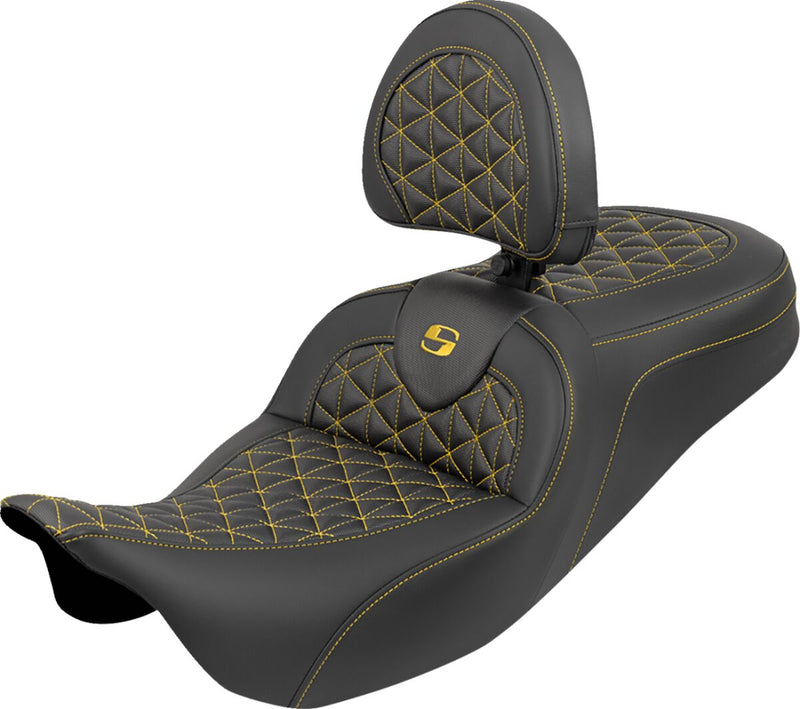 Saddlemen RoadSofa™ Tri Gripper Seat for 2008-2025 Harley-Davidson Black Gold 2-Up Seat Saddlehyde™ #808-07B-210B7