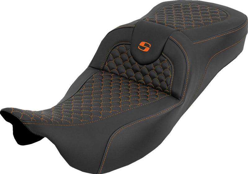 Saddlemen Extended Reach RoadSofa™ Seat for 2008-2025 Harley-Davidson Black Orange 2-Up Seat Saddlehyde™ #808-07B-20903